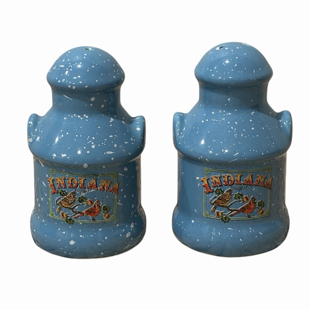Vintage Indiana Blue Marble Ceramic Milk Jug 3.25" Salt & Pepper Shakers Set
